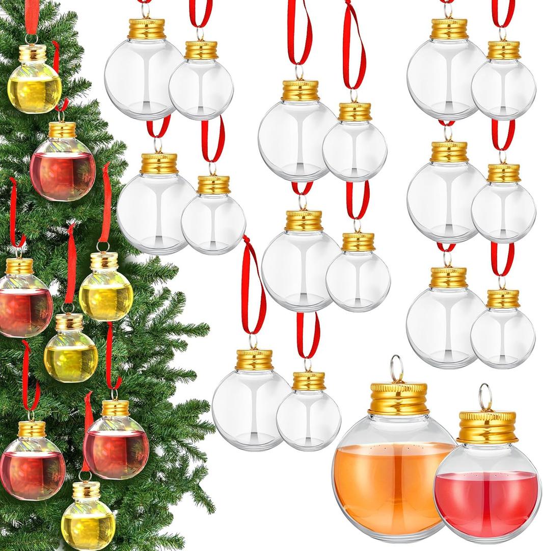 Patelai 18 Pcs Christmas Drink Balls Shot Glass Ornament Plastic Fillable Xmas Tree Ornaments Clear Xmas Water Bottle Bulbs for Holiday party Decoration(Round,50 Ml100 ml)