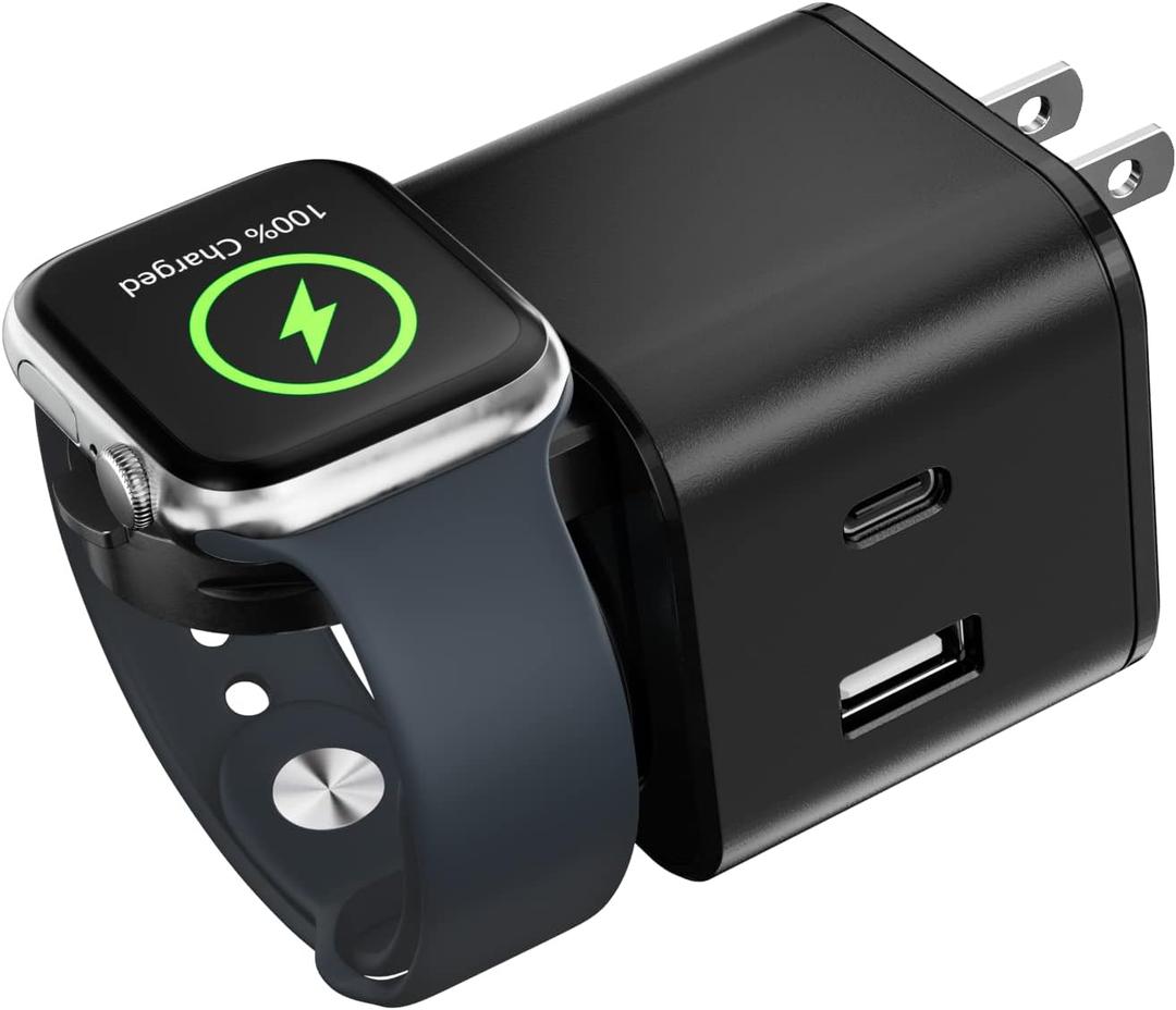 BeaSaf 36W for Apple Charging Block with Built-in Watch Charger, Foldable PD Fast Charger Block for iPhone, Dual Ports Wall Charger Compatible with Apple Watch iPhone AirPods (Black)