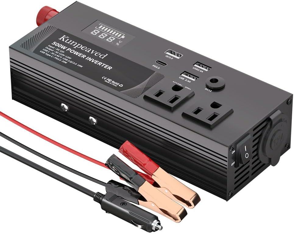 500W Power Inverter DC 12V to 110V Car Charger Converter with Dual USB Ports and 2 AC Outlets for Air Compressor Laptops, Road Trip Accessories (Black)