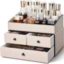 KINGFOM Leather Makeup Organizer with 3 Drawers, 2 Tier Cosmetic Storage Organizer for vanity Dresser Countertop and Bathroom Vanity, Beauty Holder for Lipstick Brush Skincare (Beige)
