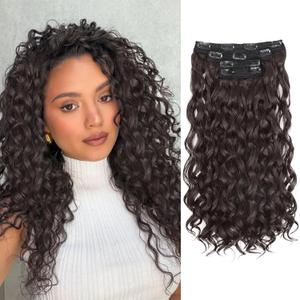 QGZ Curly Clip in Hair Extensions 4PCS Yaki Texture Synthetic Lace Weft Hair Extensions for Women(18inch,Dark Brown)