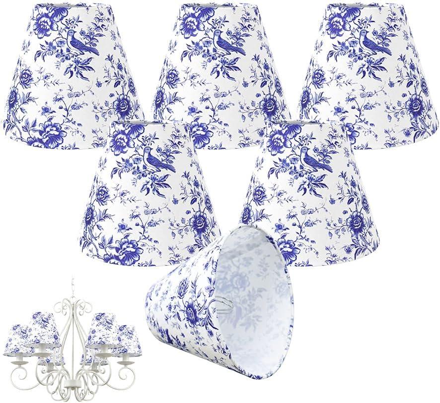 6 Pcs Chandelier Lamp Shades 3" Top x 6" Bottom x 5" Slant Mini Lampshades French Countryside Toile Clip on Lamp Shades Mini Droplight Covers Light Chimney for Pendant Wall Lamp Lights(Blue)