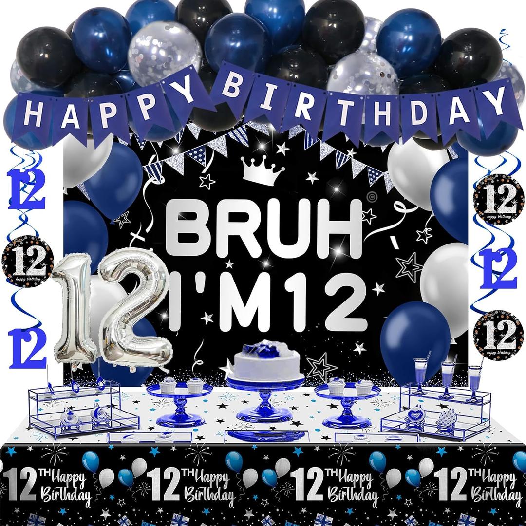 12th Birthday Decorations for Boys & Girls, 54 PCS Blue Black Party Decorations, 12 Year Old Boy Birthday Party Supplie with Banner Backdrop, Hanging Swirls, Tablecloth, Bruh I'm 12 Party Supplies