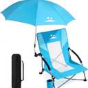 Folding Beach Chair for Adults with UPF 50+ Umbrella, Lightweight Low Beach Chair with Mesh Back, Portable Camping Chair with Carry Bag for Outdoor Beach Lawn Camping, 300lbs Capacity(Blue), 1 Pcs