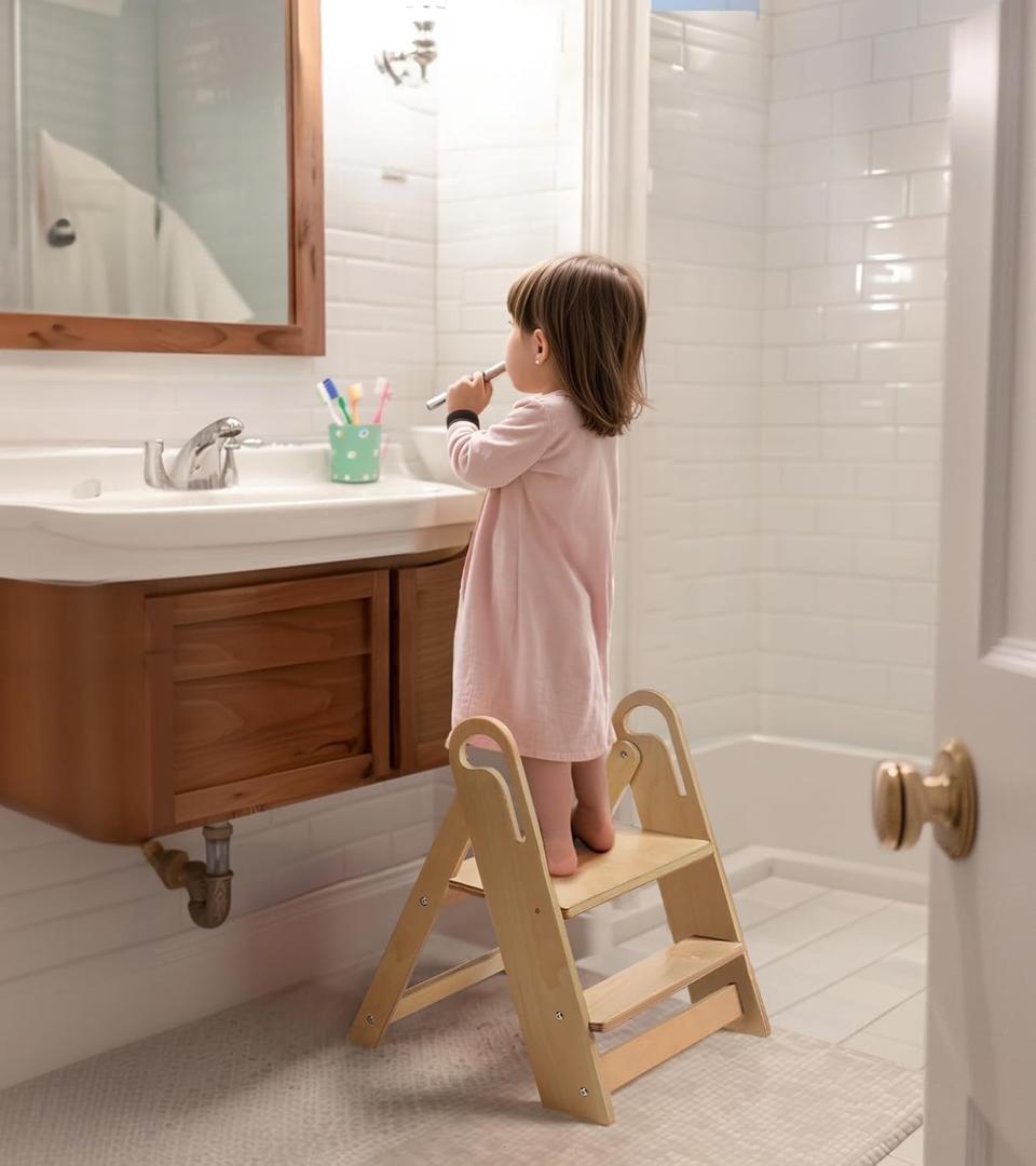 Wooden Step Stool for Toilet, 2-Step Toddler Stool with Handles, Foldable Kids Step Stool for Potty Training, Sturdy Child Stepping Stool for Bathroom Sink, Kitchen Counter and Bedroom, Natural