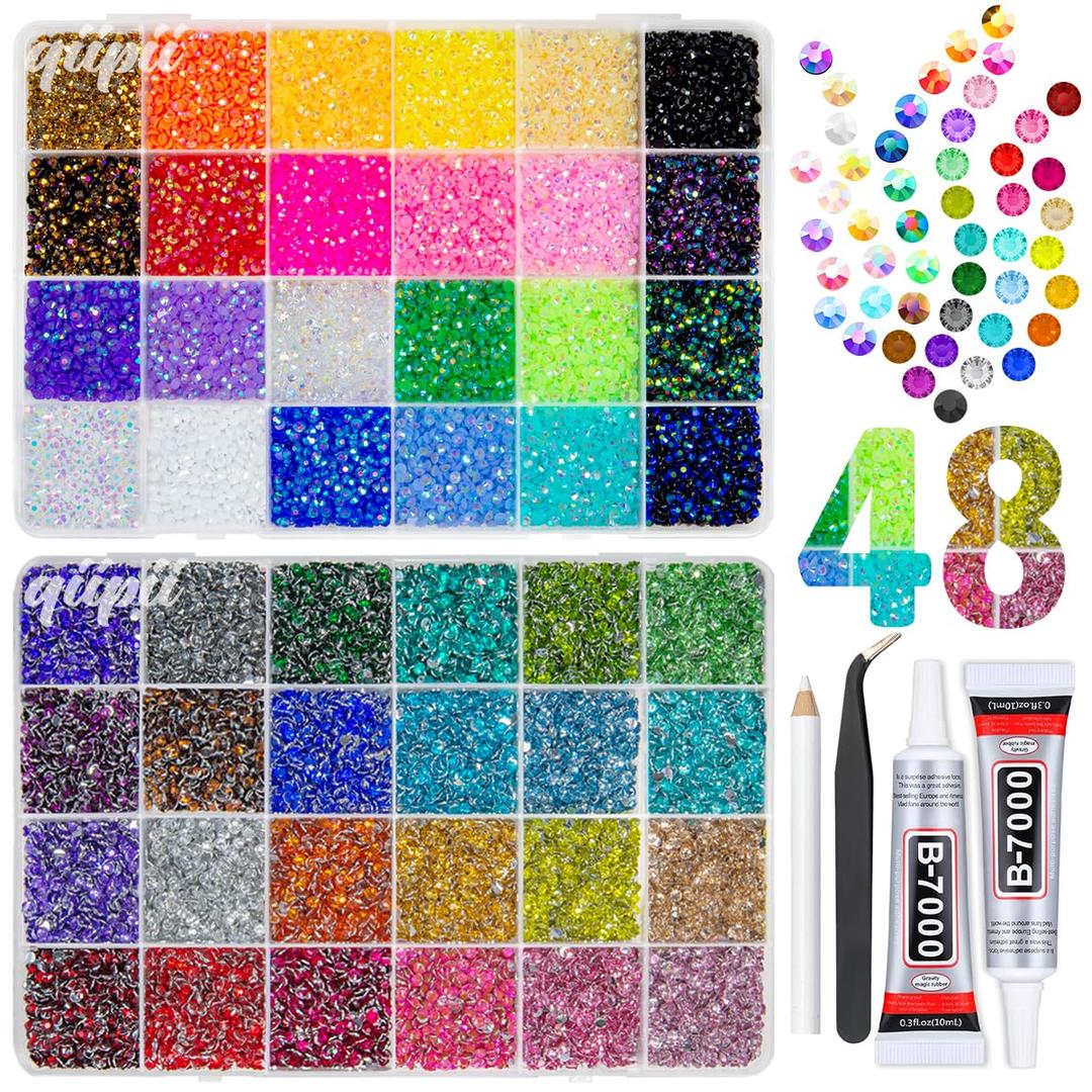 48 Color 3mm SS10 Jelly AB & Crystal Colorful Resin Rhinestones for Bedazzling Crafting Flatback Stones Gems Diamonds Bedazzler Kit for Nails Eyes Face Makeup Tumblers Bottles DIY Crafts Shoes