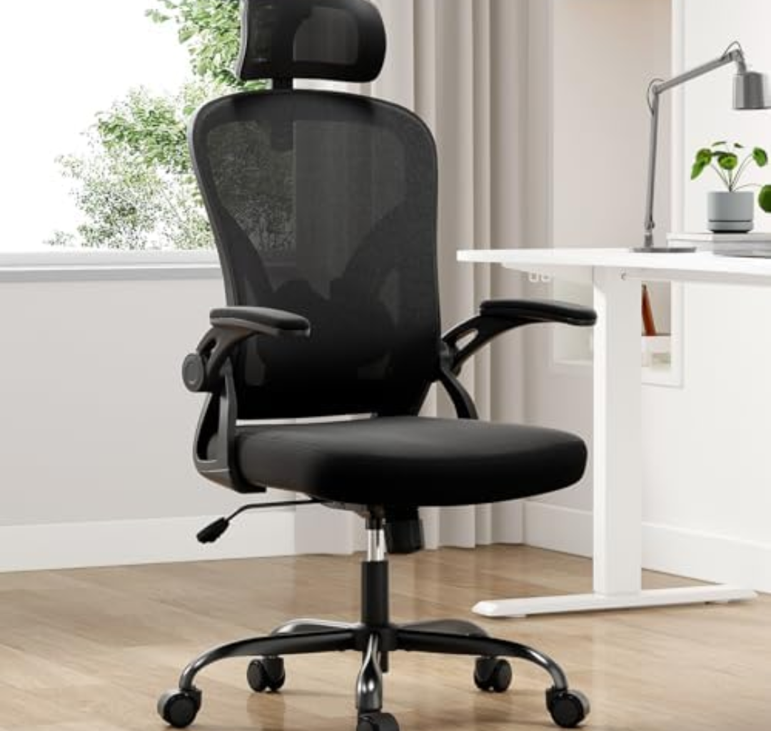 Synoroa Ergonomic Office Chair, Home Office Desk Chair with Headrest, High Back Computer Chair with Armrests and Adjustable Lumbar Support for Home Office Study Room, Black & Dark Black