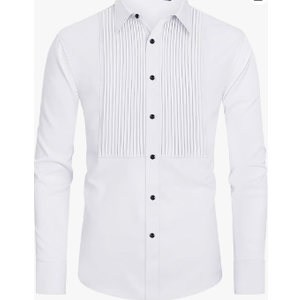 Designed in Italy Men's Tuxedo Shirt Formal Dress Shirt Pleated Long Sleeve Button Down Shirts for Prom Party Wedding L