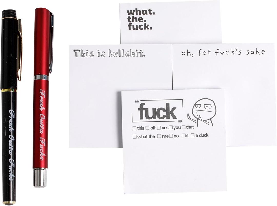Fresh Outta Fucks Pad and Pen, Snarky Novelty Office Supplies, 4 Funny Sticky Notes and 2 Pen Set,Novelty Pen Desk Accessory Gifts for Friends Co-Workers (4Pad with 2Pen -B)