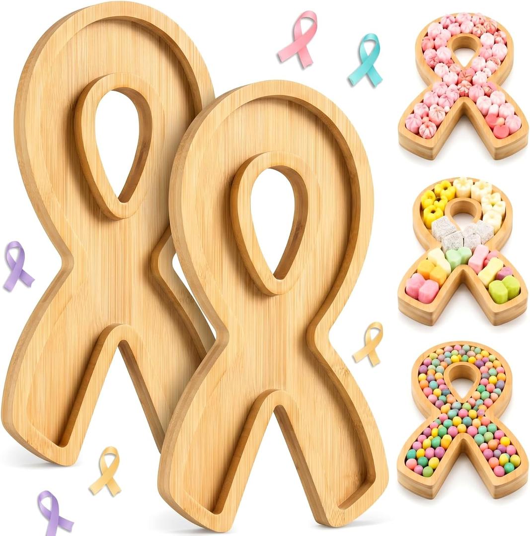 Rtteri 2 Pcs Awareness Ribbon Bamboo Serving Trays, Wooden Ribbon Shaped Serving Platters for Food Snack Dessert Fundraiser Event Supplies Cancer Survivor Celebration Breast Cancer Awareness
