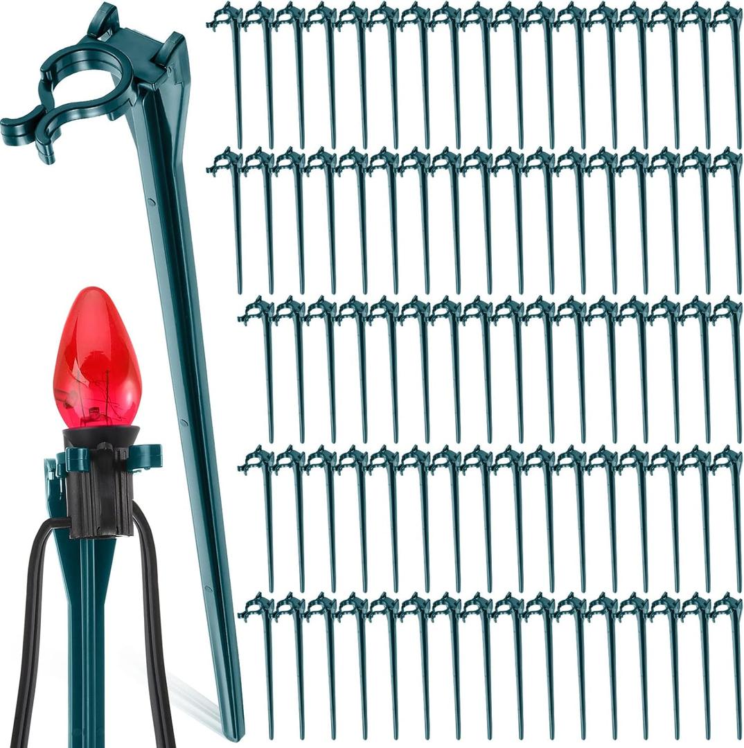 Queekay 7 Inch Christmas Light Stakes Universal Plastic Ground Light Stakes for C7 C9 Yard Lawn Holiday Decor Holders on Garden Patio Path(Green,100 Pieces)