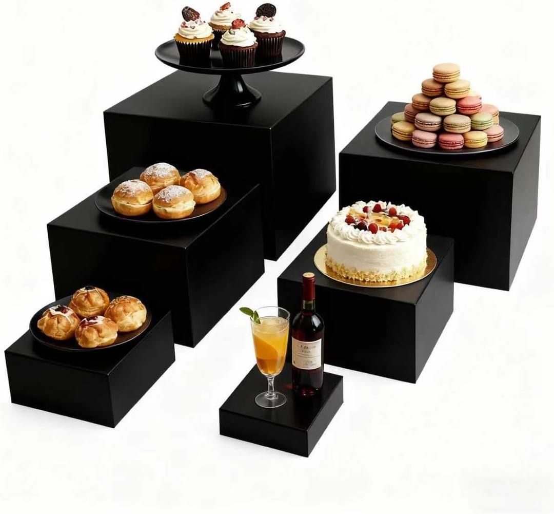 6PCS Buffet Risers,acrylic display risers,Dessert table display set Display Racks for Gatherings,Catering,Jewelry,and Collectibles (3in to 8in black)