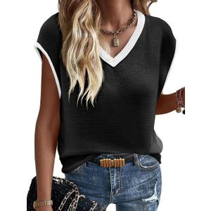 Imily Bela Summer Cap Sleeve Sweater Vest for Women Casual V Neck Sleeveless Knit Pullover Tank Tops 2025 Spring Shirts (Small, Black)