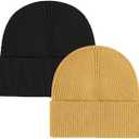 Set Of 2 ZOORON 1&2 Unisex Thick Knitted Beanie for Men Women Cuffed Plain Hat Winter Slouchy Ski Beanies Khaki + Black