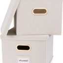 ZICOTO Decorative File Organizer Box Set of 2 - Collapsible Linen Filing Cabinets w/Handles Are Perfect to Store all Your Documents & Hanging File Folders - Portable Easy Slide Crates with Lid (Ivory)