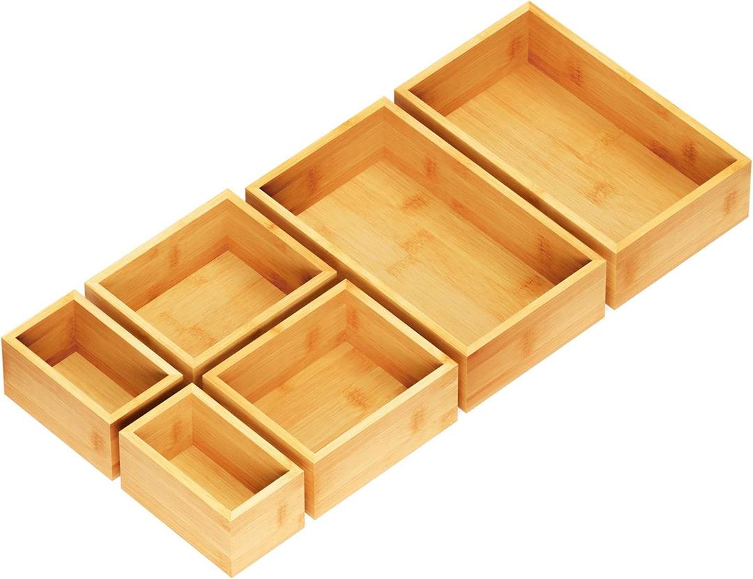 SpaceAid Juego de 6 cajas organizadoras de cajones de bamb, organizador de cajones multiusos para cocina, bao, escritorio de oficina y maquillaje (6 cajas)