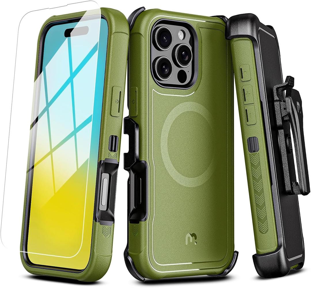 M MYBAT PRO Maverick Series iPhone 16 Pro Max Case with Belt Clip Holster,[Compatible with Magsafe] w/Screen Protector,Anti-Drop,Shockproof,360Rotating Kickstand,Heavy Duty Protection Army Green