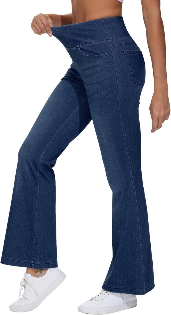 THE GYM PEOPLE Women's Tummy Control Bell Bottom Jeans High Waisted Wide Leg Flare Pants Jeggings with Pockets (X-Large, Dark Blue)