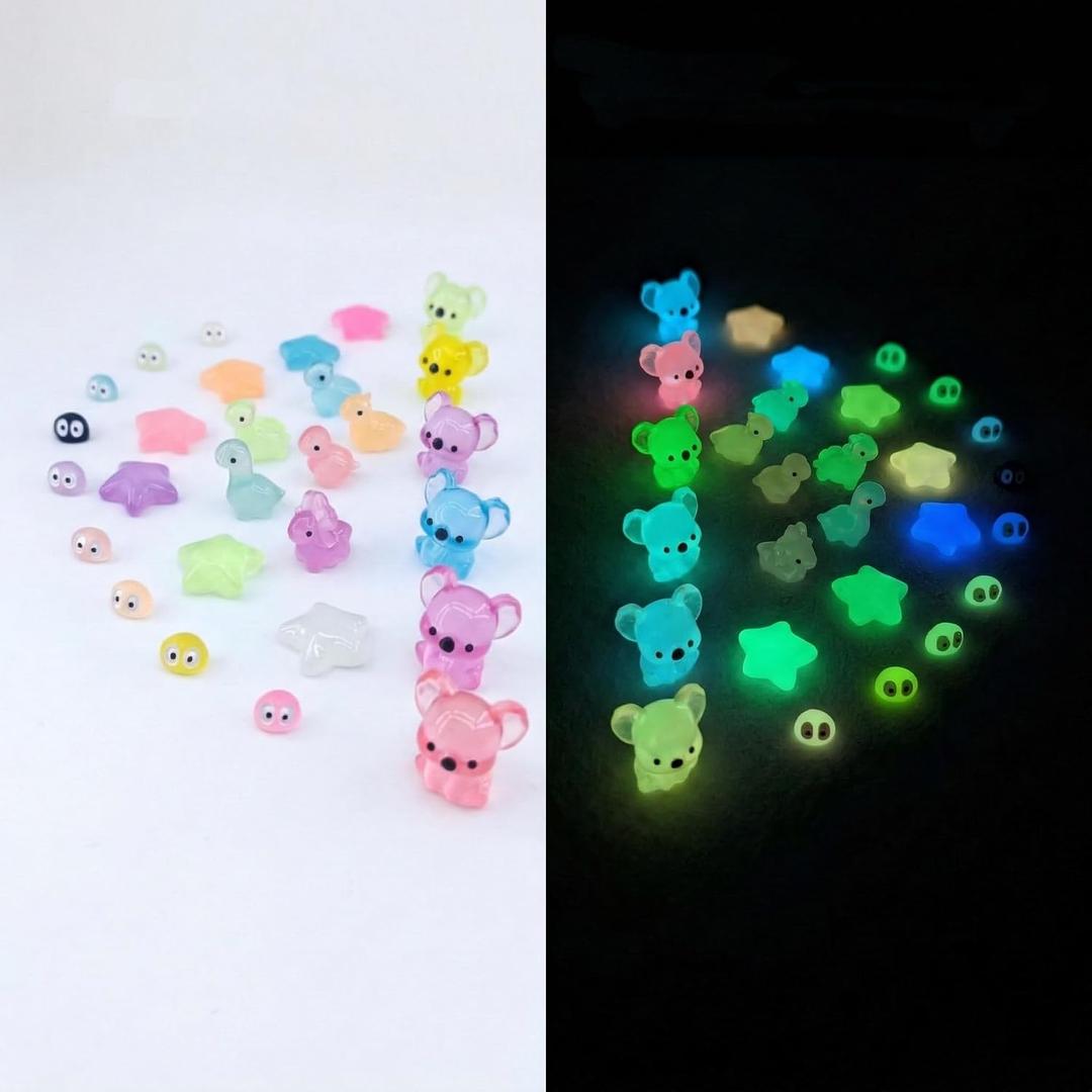 28 PCS Glow in The Dark Mini Resin Figures with Adhesive Base, Luminous Monitor Buddies & Desktop Ornaments, Kawaii Tiny Animals & Stars for Car Dashboard, Keyboard, DIY Fairy Garden Decor
