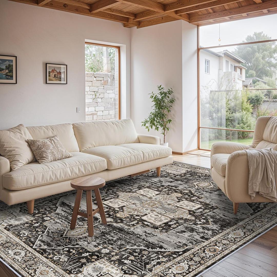 RUUGME 6x9 Area Rug Washable - Living Room Rugs with Non Slip Backing Ultra Soft Stain Resistant Bedroom Dining Room Carpet Indoor Distressed Home Decor Mat for Bathroom 6x9 Black