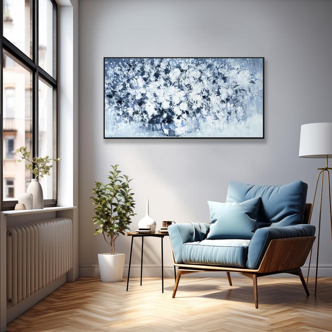 Wall Art Plant Wall Modern Paintings Dark Blue White Floral Canvas Wall Art For Living Room Hand Painted Framed Artwork Poster Botanical Picture Wall Decor For Office Hotel Home Decor 24x48 Inch
