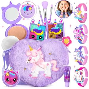 ULOVEME Kids Real Makeup Kit for Little Girls - Real, Non Toxic, Washable Make Up Toy - Umicorn Toys Gift for 3 4 5 6 7 8 9 10 12 Years Old Girls Birthday (Heart Shaped Purple Purse)