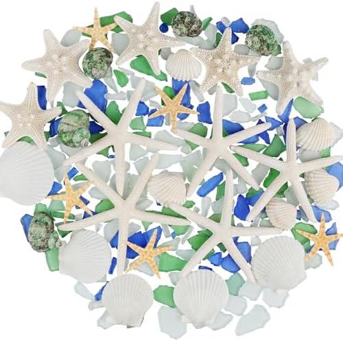 Fangoo Natural Starfish Beach Seashells Conch Mixed with 7 oz Sea Glass Pieces for Crafts Beach Themed Party DIY Crafts Fishtank Vase Fillers Candle Making Home Coastal Wedding Decorations