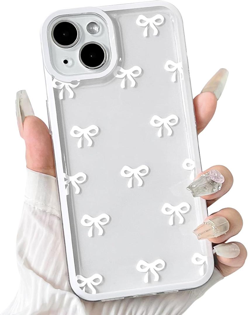 NITITOP Compatible with iPhone 14 Plus Case Cute Clear Durable Ribbon Bowknot Pattern for Girls Women Soft TPU Transparent Full Camera Lens Shockproof Protective Phone Cover - White