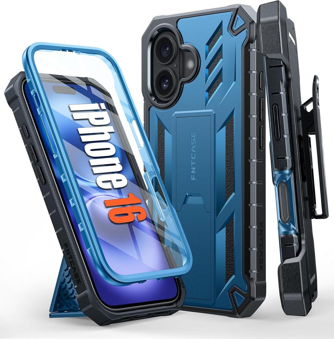 FNTCASE for iPhone 16 Phone Case: Military Grade Rugged Cell Phone Cover with Kickstand & Holster | Shockproof TPU Protection Bumper Matte Textured Design for iPhone 16 Cases 6.1 inch-Blue FNTCASE for iPhone 16 Phone Case: Military Grade Rugged Cell Phone Cover with Kickstand & Holster | Shockproof TPU Protection Bumper Matte Textured Design for iPhone 16 Cases 6.1 inch-Blue