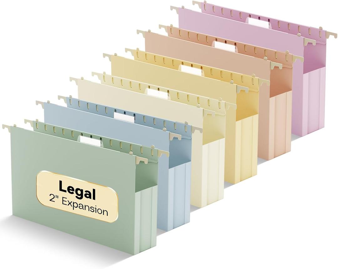 Extra Capacity Legal Size Plastic Hanging File Folders, Reinforced 2" Pastel Expanding Pocket,12 Pack Legal Hanging Folders for Filing Cabinet, Expandable Hang Folder with tabs, for Office School