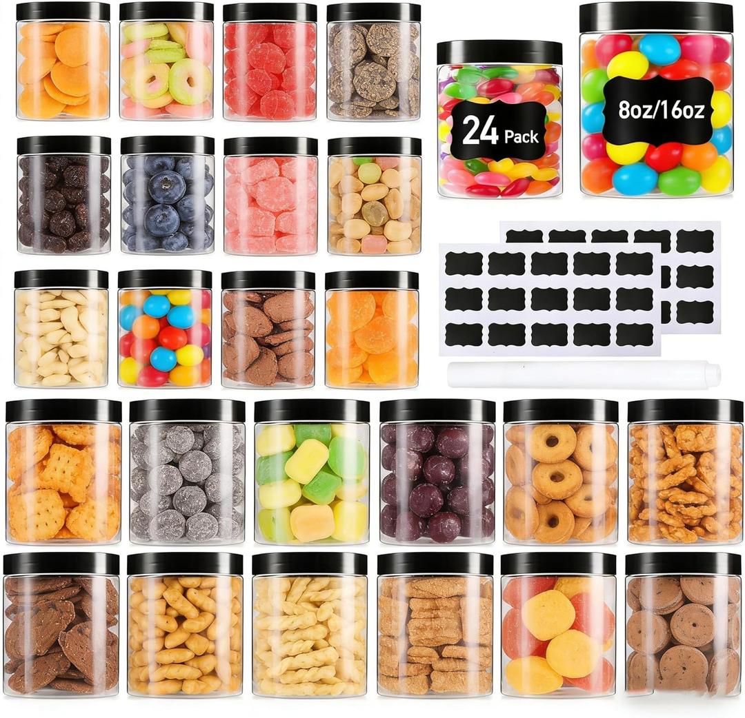 Large & Small Plastic Jars Combo (24 Pack) 12 Large 16 oz & 12 Small 8 oz Leak-Proof Clear Containers with Lids, Mason Jars, Perfect for Storing Spices, Cookie, Candy, Slime and Dry Food, Empty Jars