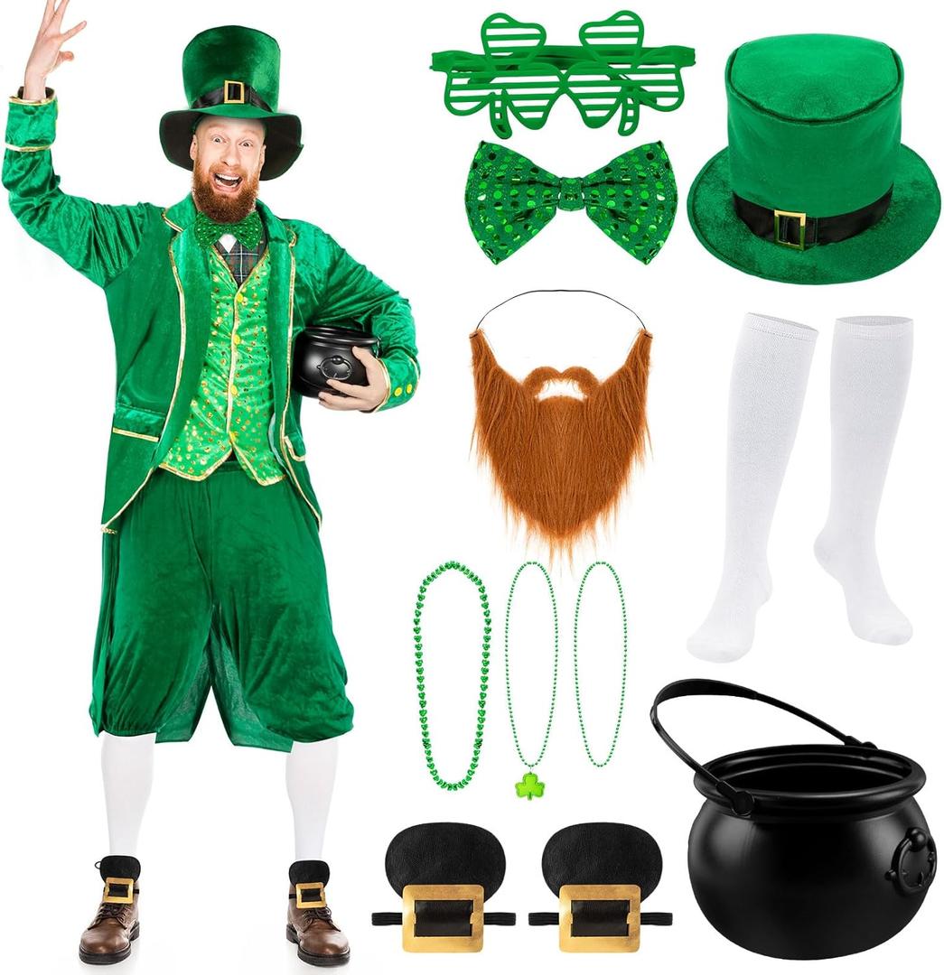 Capoda 12 Pcs St Patrick's Day Leprechaun Costume Men's Leprechaun Suit Irish Shamrock Accessories for Adult (Medium)