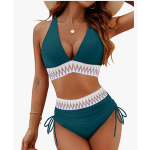 Blooming Jelly Women High Waisted Bikini Sets Tummy Control Swimsuits Color Block Two Piece Drawstring Bathing Suit M