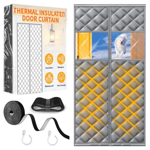 Upgraded Magnetic Thermal Insulated Door Curtain with Perspective Window, Weatherproof Oxford Cloth Filled with Cotton, Fit for Door Size 32" x 80", Doorway Curtains Size 35" x 82" Grey