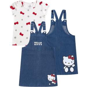 Hello Kitty Sanrio Girls Adjustable Jumper Denim Dress with Shirt Set for Toddler and Big Kids (6, Blue/White)