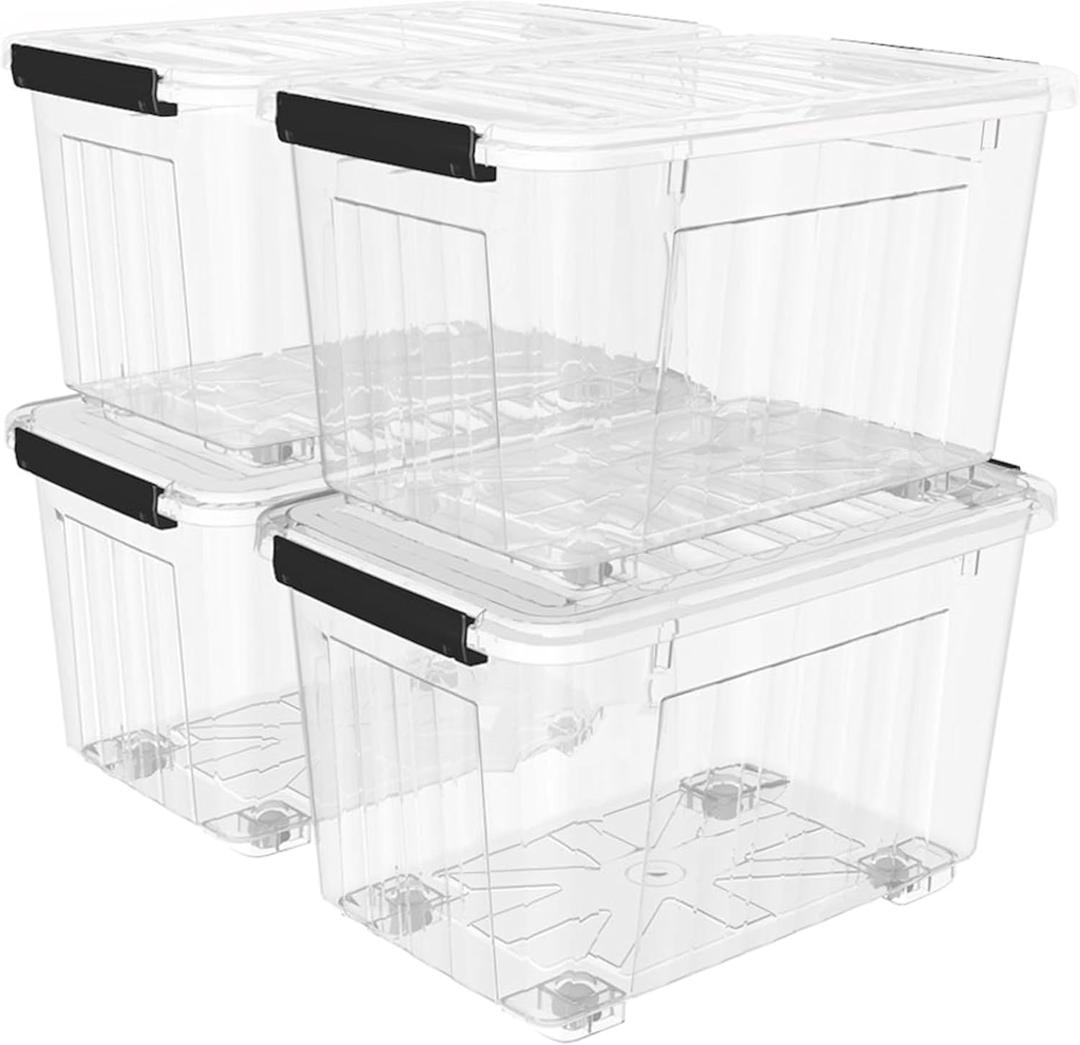 Lidded Storage Bin Stackable Storage Box Organizing Container with Lid and Snap Lock, Durable, Plastic, Clear, 85 quart, Pack of 4