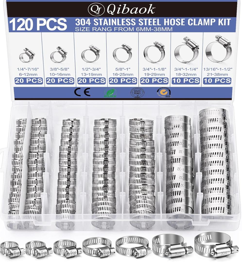 Hose Clamp- Qibaok 120 PCS Stainless Steel Hose Clamps Assortment Kit 1/4''1-1/2'' Worm Gear Clamps for Fuel Line, Plumbing, Automotive, Mechanical Applications, Pipe, Tube, Radiator, Garden