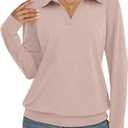 TICTICMISS Womens Polo Shirts Long Sleeve Banded Bottom Tops Business Casual Tops Collared V Neck Blouses (L)