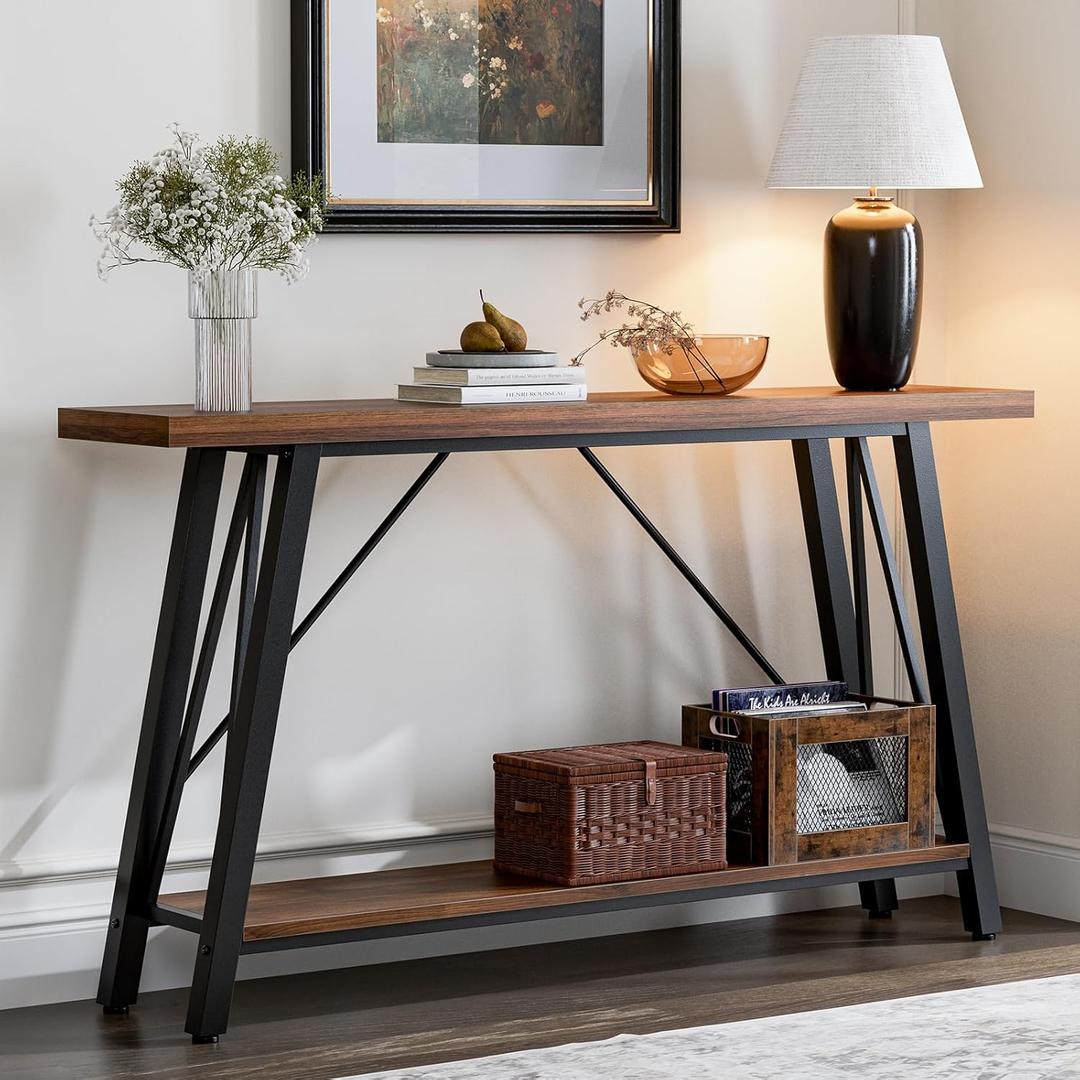 GAZHOME Console Table with Storage Shelf - Industrial Style Sofa Table Behind Couch for Living Room & Entryway, Rustic Brown,53.1 Inch, 53.1x11.9x31.5