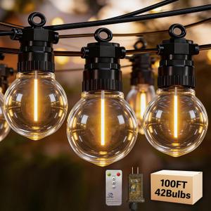 100FT Outdoor String Lights with Remote, 42 Dimmable Shatterproof LED G50 Bulbs, Waterproof Patio & Backyard Lights for Pergola, Deck, Garden, Bistro, Commercial Grade Hanging Lights