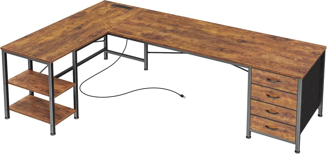 Huuger 63 Inch L Shaped Desk with Fabric Drawers, Computer Office Desk with Power Outlets and USB-C Port, Corner Desk with Storage Shelves, for Gaming Work Study Home Office, Reversible, Rustic Brown