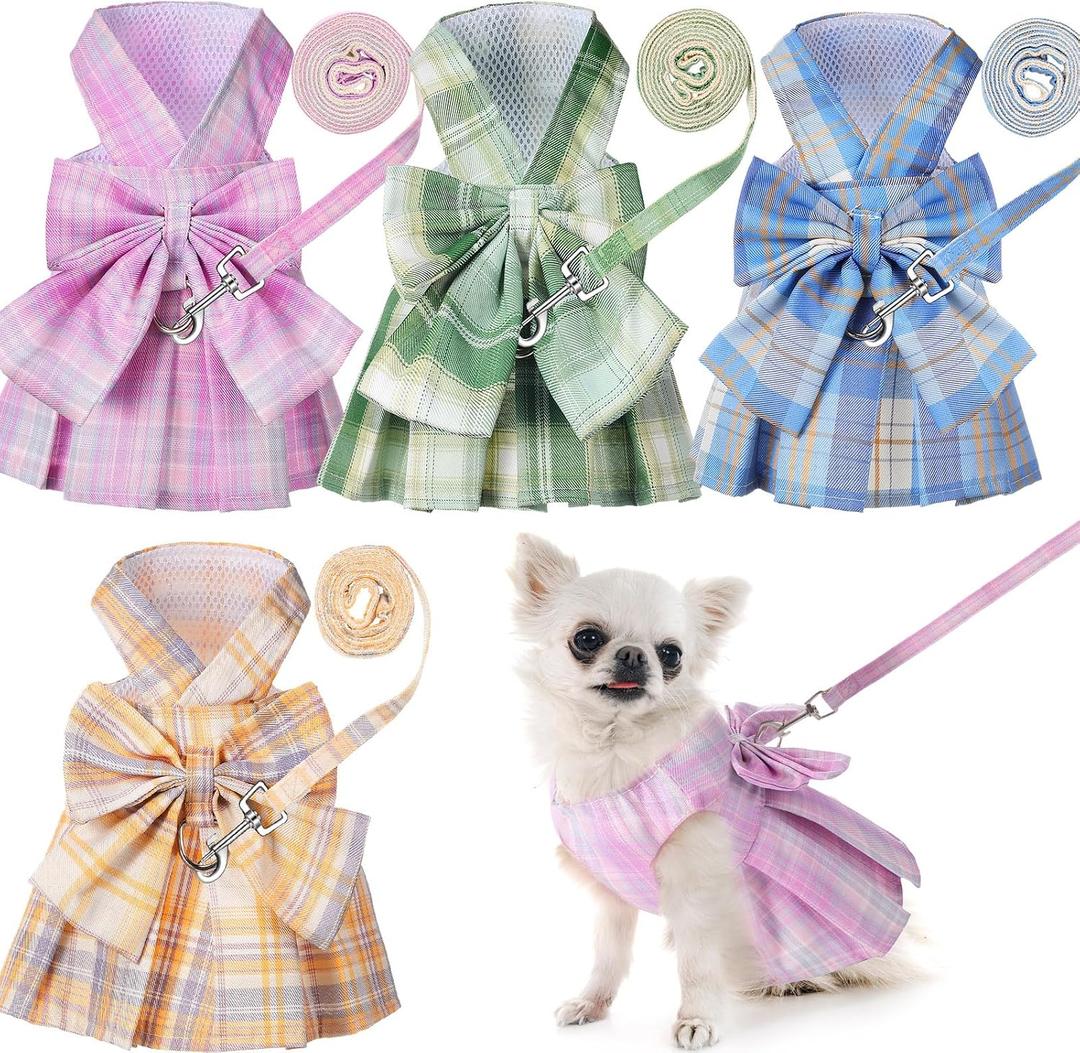 Potchen 4 Pcs Cute Plaid Dog Dress Set with Bow Tie Harness & Leash for Small Dogs, Puppy Clothes for Girls Outfits(L,Light Color)