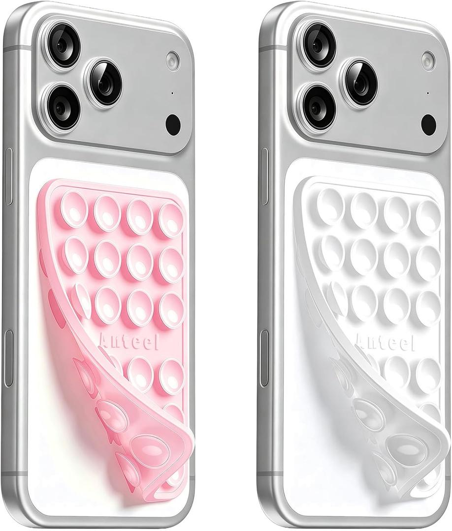 2 x Anteel Double-Sided Silicone Suction Phone Case Mount, Enhanced Suction Cup Power and Thickened Grip for Selfies and Videos, Durable, Hands-Free Non Slip Accessories, 2.36"x3.66" (LPK&WHT), (Mix)