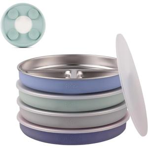 Elk and Friends Stainless Steel Divided Plates with Silicone Sleeve for Babies & Toddlers | Lids Included | Stay Put Suction | Dinner & Snack Plates | 4 Pack