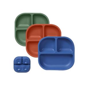 BABELIO Powerful Suction Plates for Baby & Toddler, 100% Food Grade Silicone, Divided, BPA Free, Microwave & Dishwasher Safe (2-Moon Blue/Kashmir Green/Bran Brown)