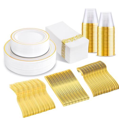 175 Pcs Gold Dinnerware Set, Plastic Plates Disposable for 25 Guests Include:25 Gold Rim Dinner Plates, 25 Dessert Plates, 25 Paper Napkins, 25 Cups, 25 Silverware Set Perfect for Party