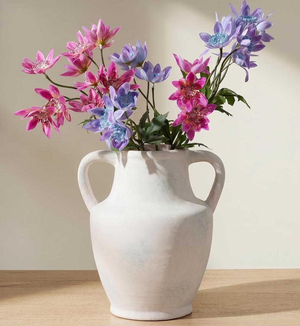 Ceramic Flower Vase with Handles, 8.66 inch Tall Ceramic Vase Farmhouse Rustic Vases Decorative Pottery Vases for Home Decor Living Room Bookshelf Table Centerpiece Desk Bathroom Fireplace, White