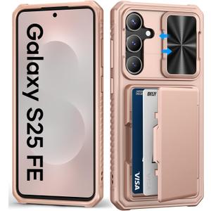 for Samsung Galaxy S25 FE Phone Case Wallet, Card Holder (4-5 Cards), Slide Camera Cover, Military Grade Protection, Rugged Hard Women Girly Men Protective Case for Galaxy S25 FE 6.7", Rose Gold