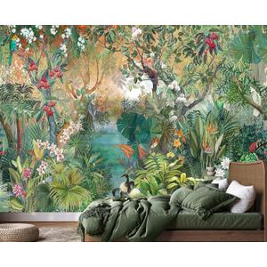 Tropical Plant Forest Wallpaper Mural Animals and Flowers Jungle Landscape Wall Mural for Bedroom Living Room Bathroom (127" x 96")