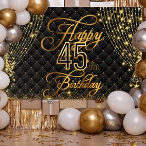 Happy 45th Birthday Banner Backdrop Royal Curtain Decorations Black Gold Background 45 Years Old Bday for Women Men Photography Party Decor Supplies